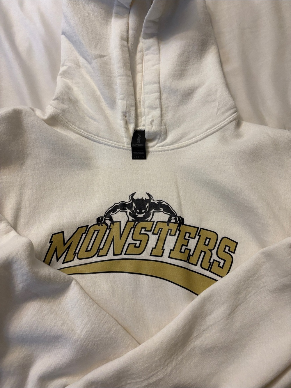 Monsters Graphic Hoodie Sweatshirt - White & Gold, size L